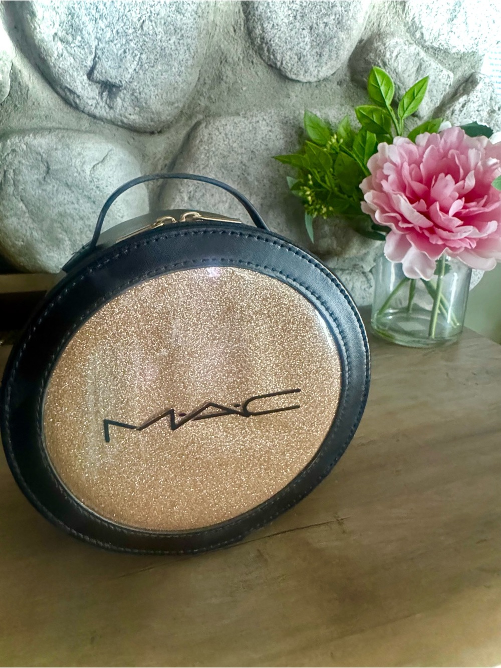 MAC Cosmetics Black and Gold Glitter Round Top-Handle Cosmetic Case Bag